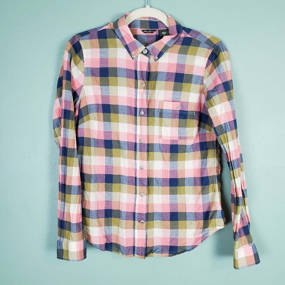 Eddie Bauer Long Sleeve Button Pink Blue Plaid Top Size Small